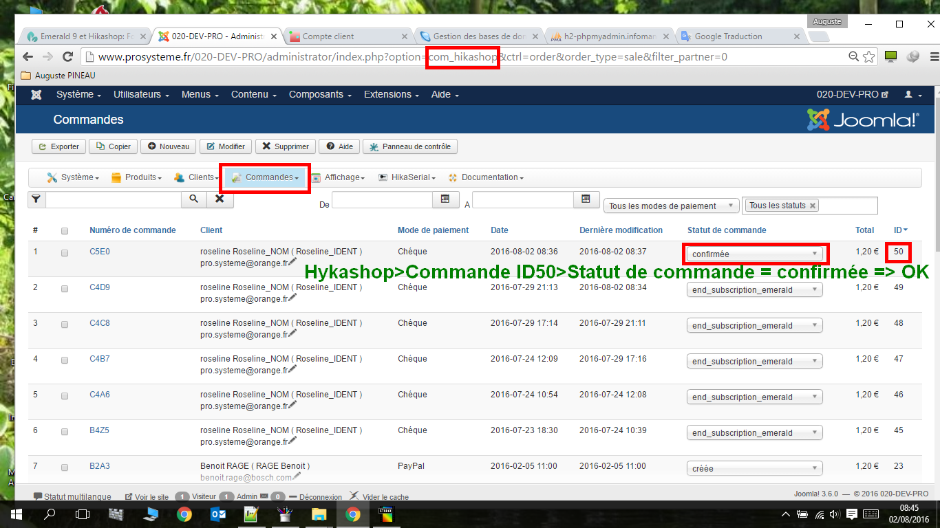 Hykashop-Commande-Statut de commande Confirmée OK 