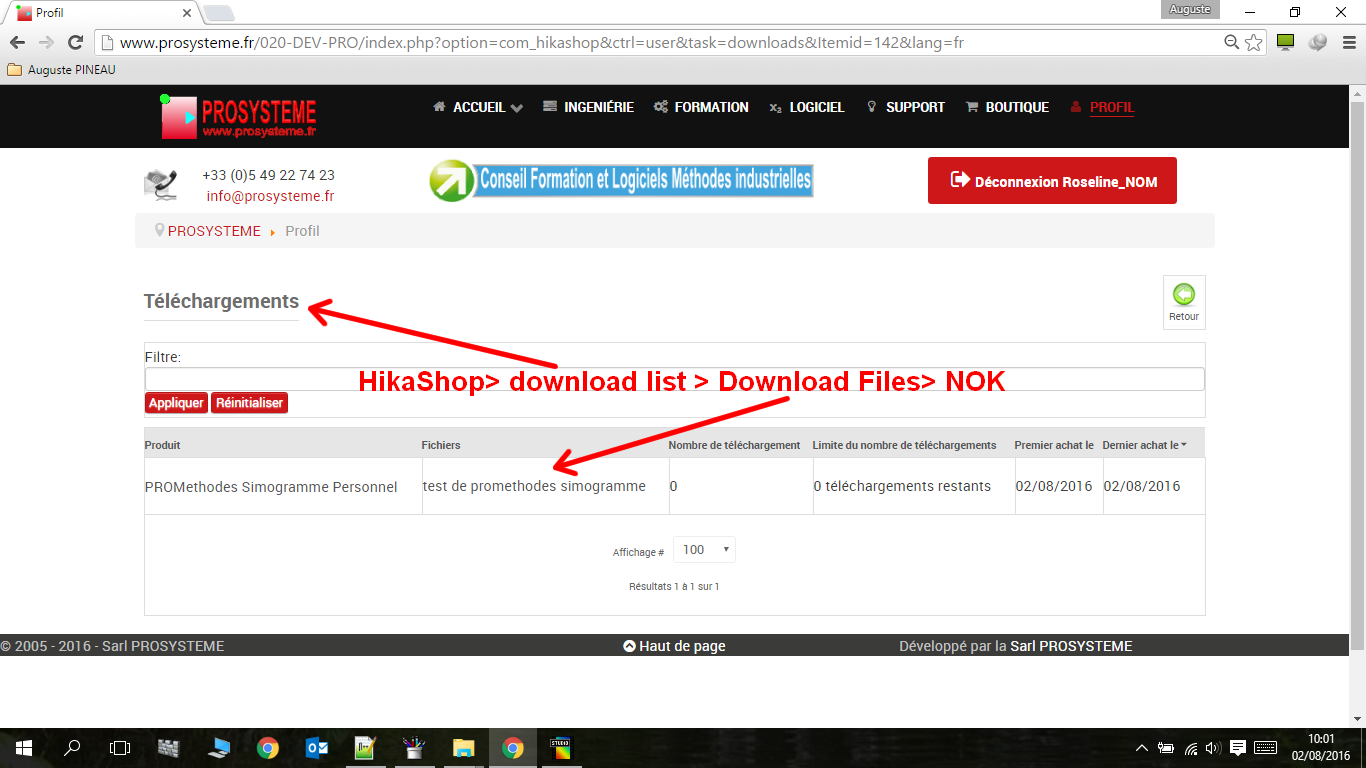 Hikashop - Liste Téléchargement -Téléchargement NOK
